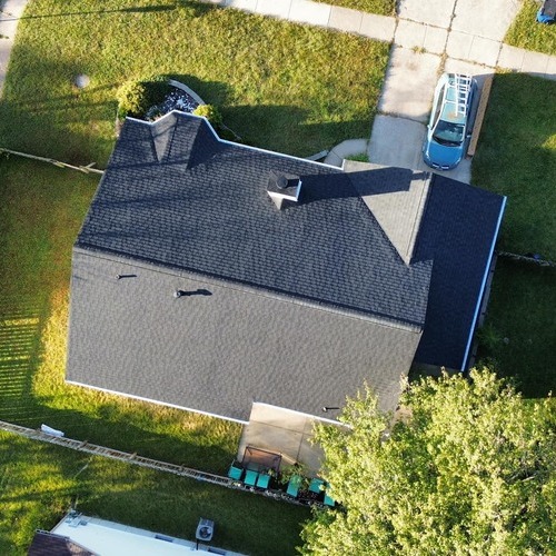 drone view of an asphalt shingle roof