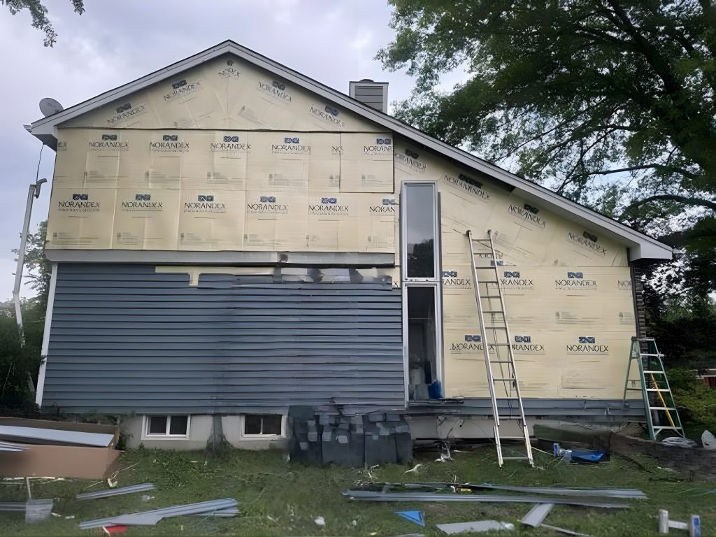 a home with blue vinyl siding